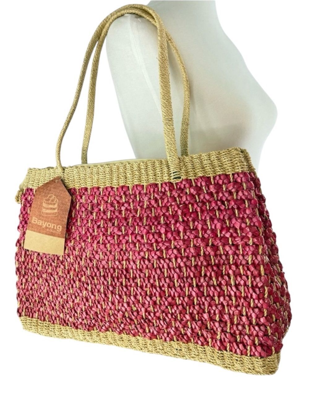 Bayong Coral Pink and Tan Woven Raffia Tote Bag NWT